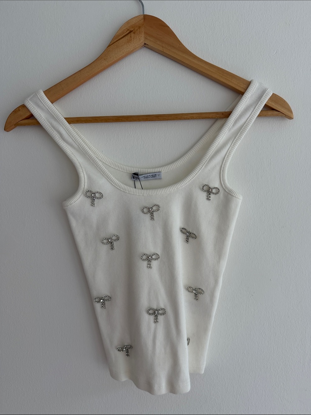 Zara Cream Ribbed Tank with Crystal Bow